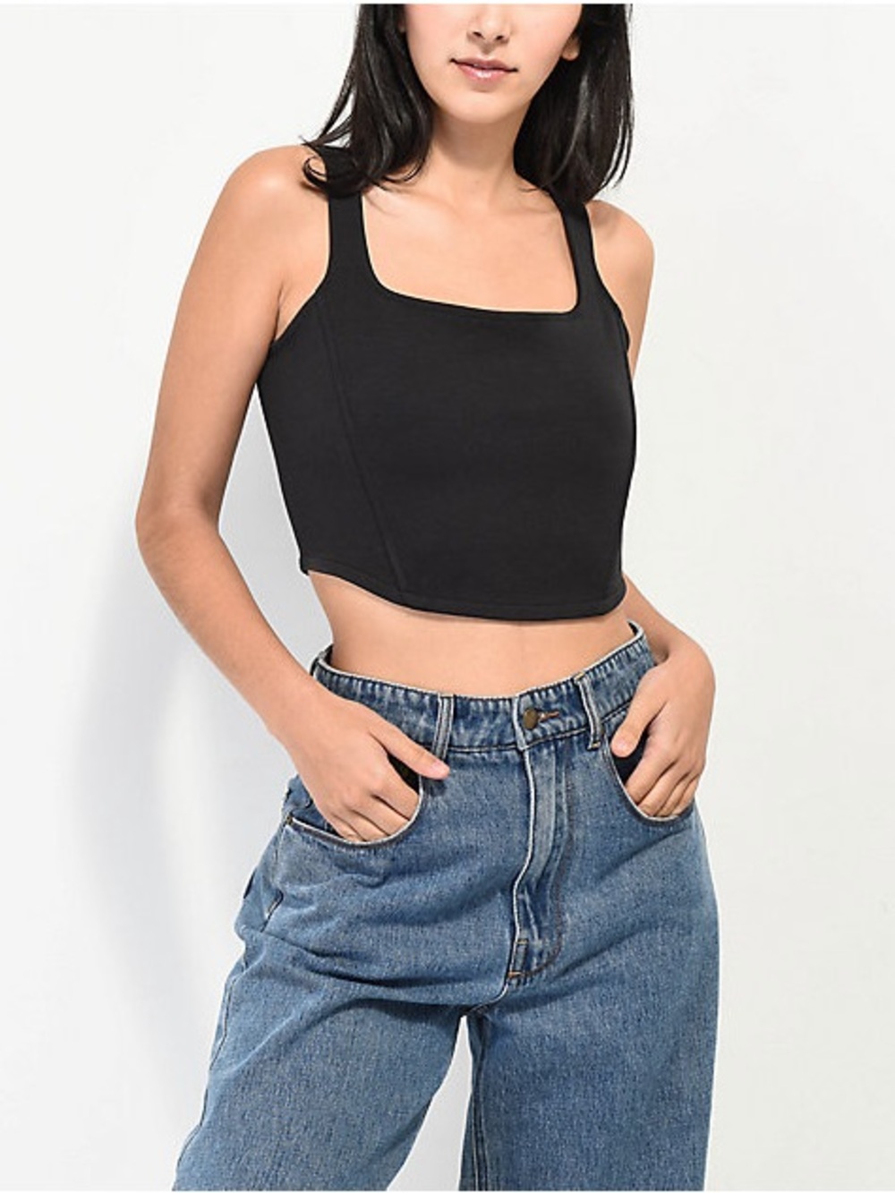 Black Square-Neck Cropped Corset Tank Top with Lace Up Back